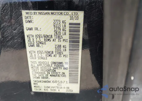 2011 Nissan Pathfinder Le from USA, damaged, VIN 5N1AR1NB0BC605871